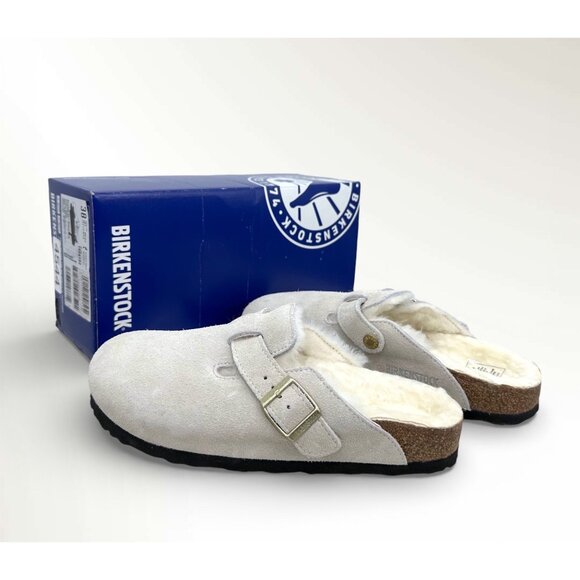 Birkenstock Boston Shearling Suede Clogs Antique White EU 38 Fur Lined - Picture 3 of 16